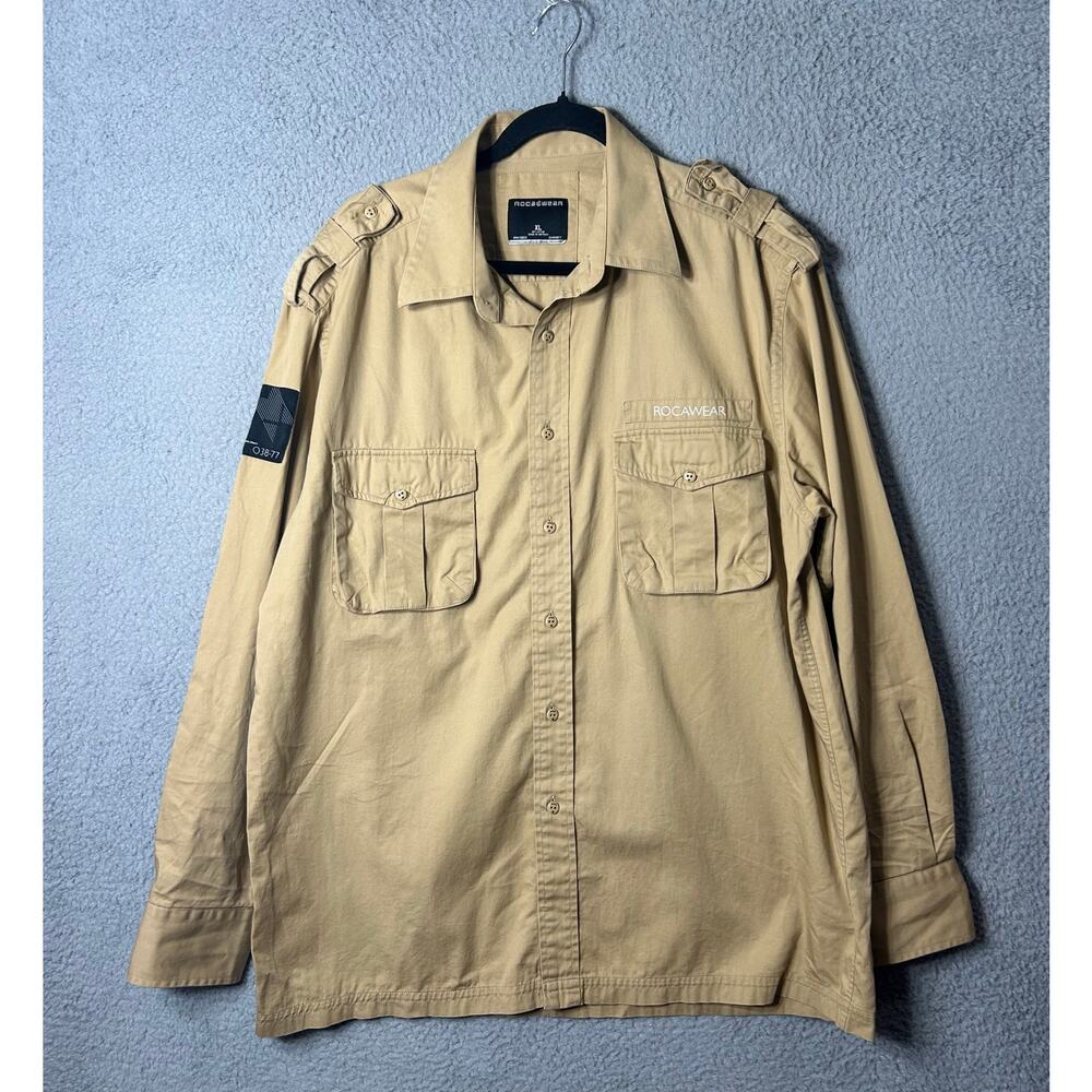 Rocawear Shirt Mens XL Tan Cotton Long Sleeve Button Up Vintage Y2K Hip Hop
